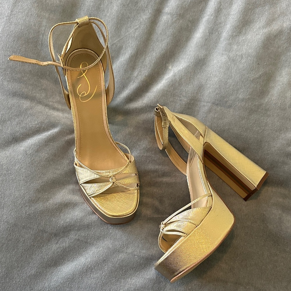 Sam Edelman Gold Metallic Platform Block Heel Sandals